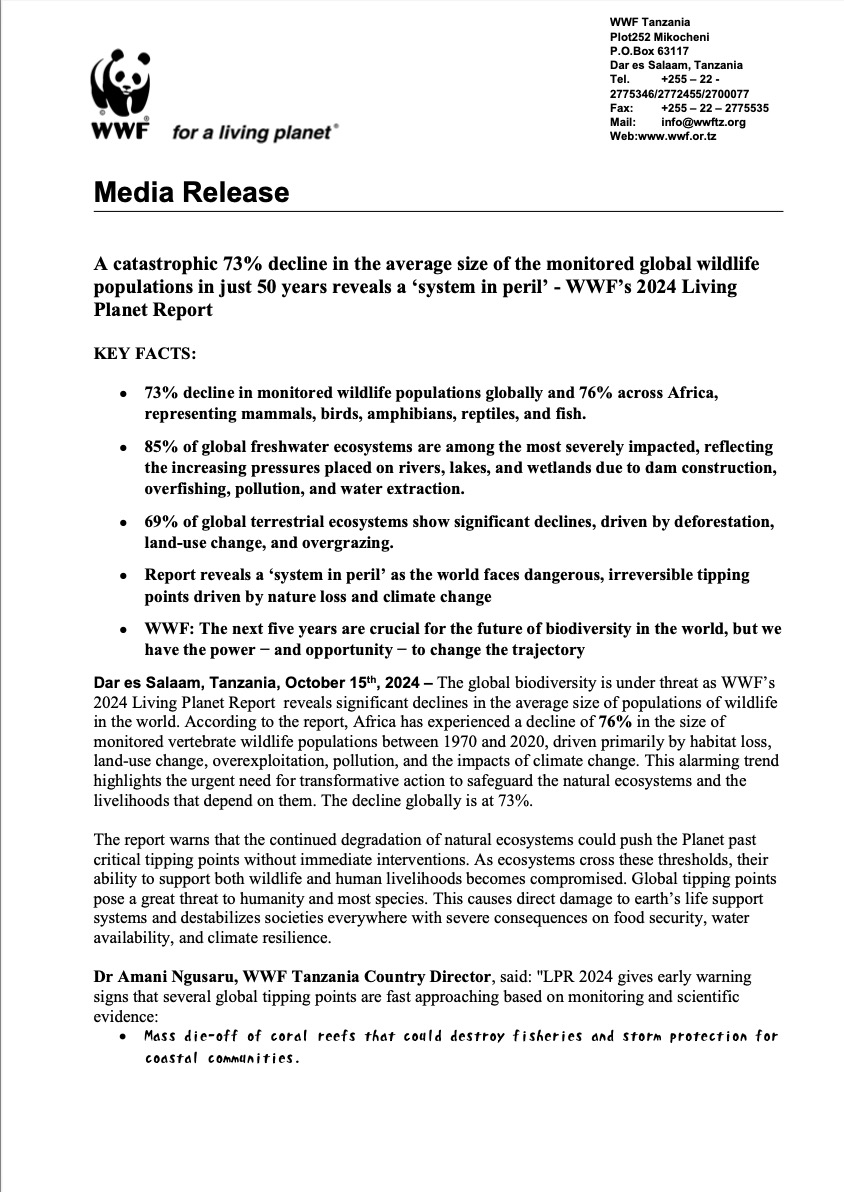 世界自然基金会 地球生命力报告2024 Media Release